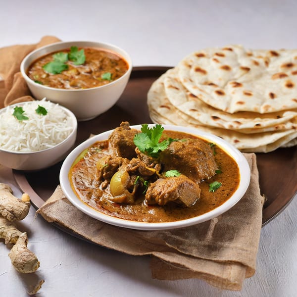 Indian curry with meat, rice, and flatbread on a wooden tray with ginger.