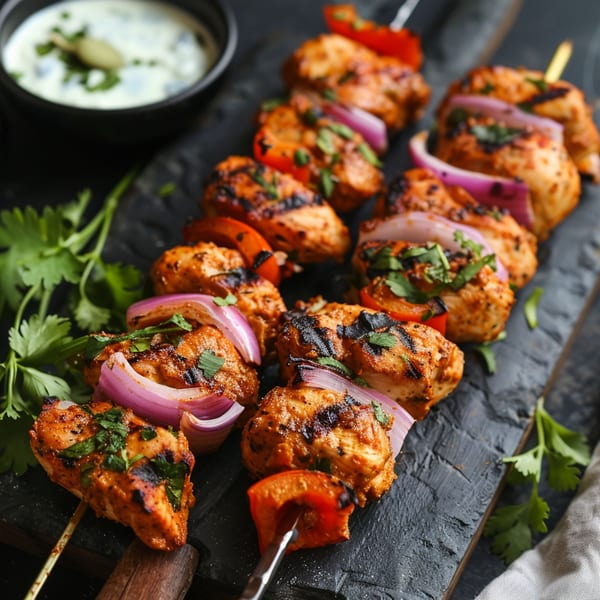Grilled chicken tikka skewers with red onions, bell peppers, and cilantro, served with raita.