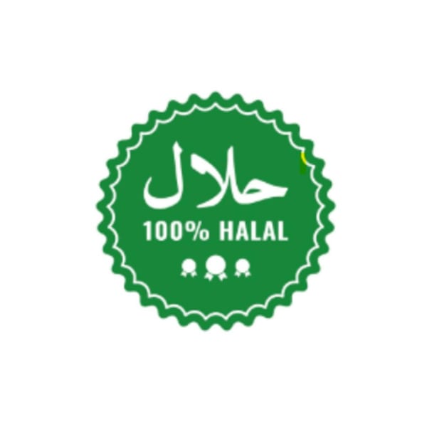 Green circular badge with "حلال" and "100% HALAL" in white text, with three small white awards below.
