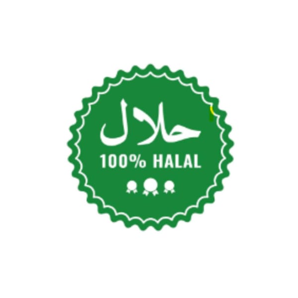 Green circular Halal certification stamp with Arabic script and "100% HALAL" text.
