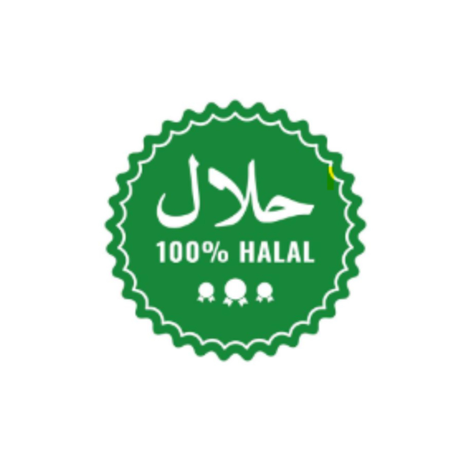Green circular Halal certification stamp with Arabic script and "100% HALAL" text.