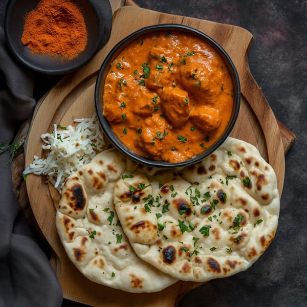 Indian butter chicken with rice and naan bread on a wooden board, with a bowl of spices.